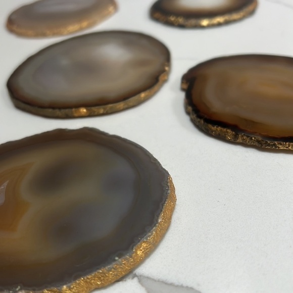 Set of 8 Natural Polished Agate Slice Drink Coasters w/ Gold Electroplating - Picture 2 of 3